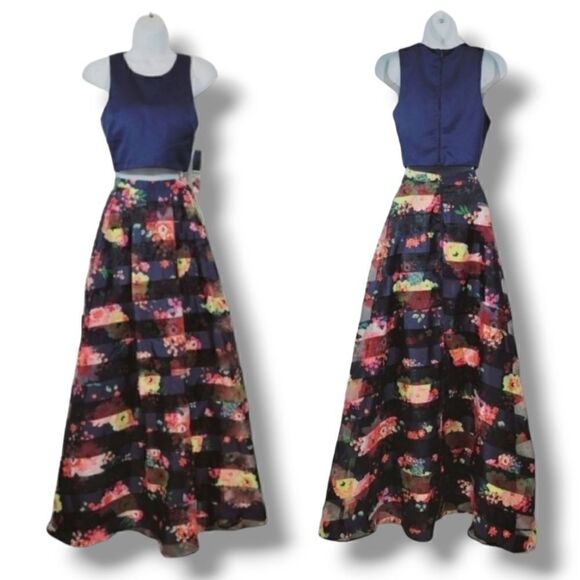 NEW Sequin Hearts 2PC Formal Shadow Stripe Floral Skirt Set in Navy Blue Sz 3/27 - Picture 14 of 16